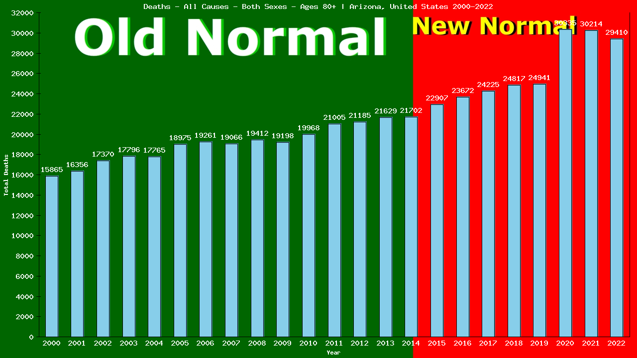 Graph showing Deaths - All Causes - Elderly Men And Women - Aged 80+ | Arizona, United-states